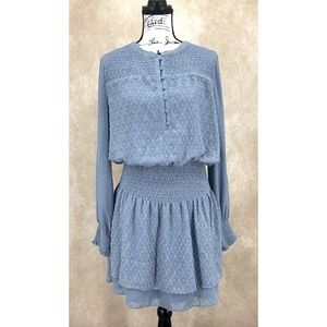 White House Black Market Mini Dress Size Medium Smocked Waist Swiss Dot Blue